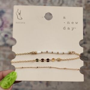 A Wew Day Gold-Tone White Beaded Layered Ankle Bracelet Set NWT